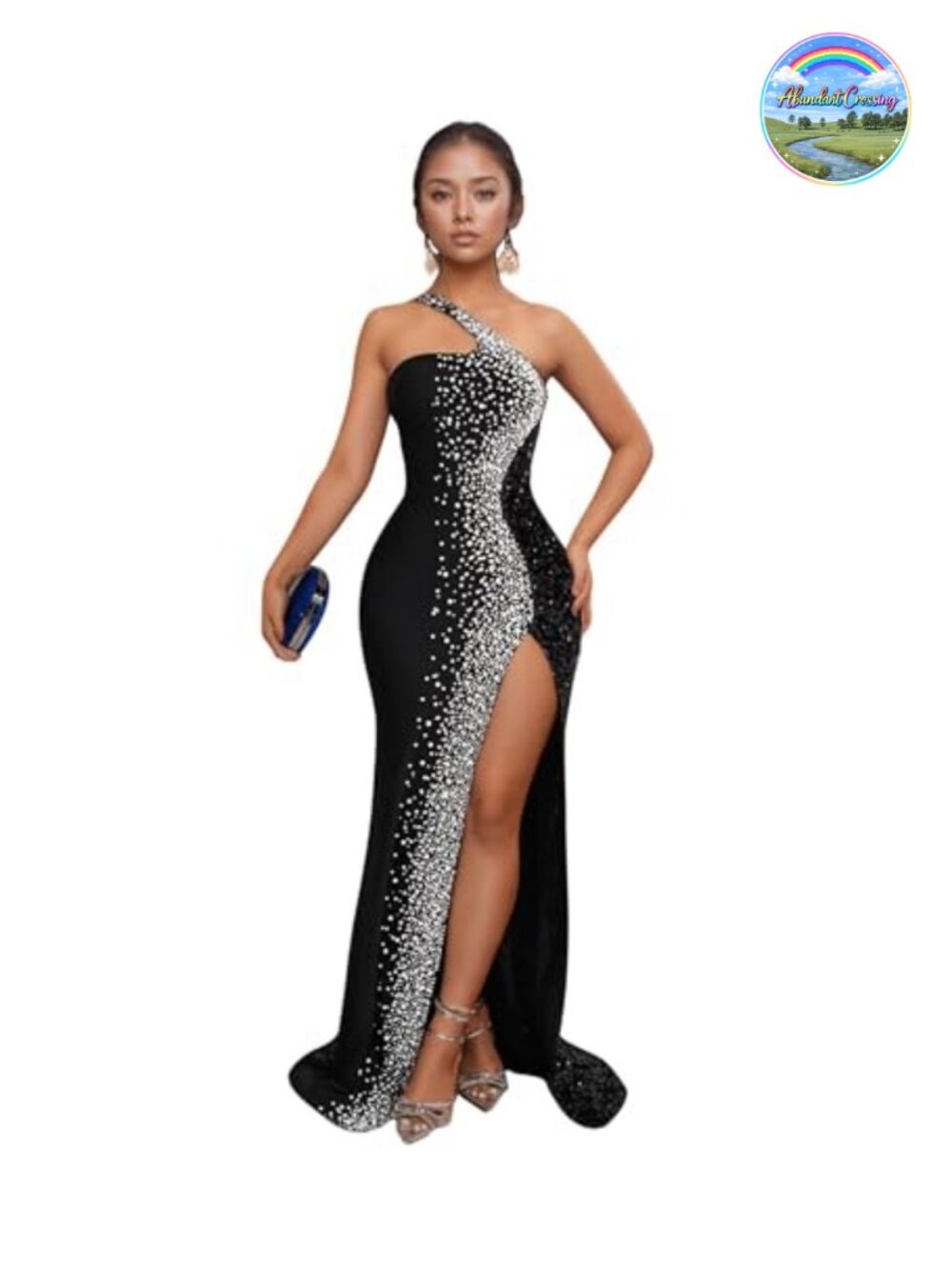 Women's Rhinestone One Shoulder Sheer Mesh Maxi Evening Dress Mermaid Sleeveless